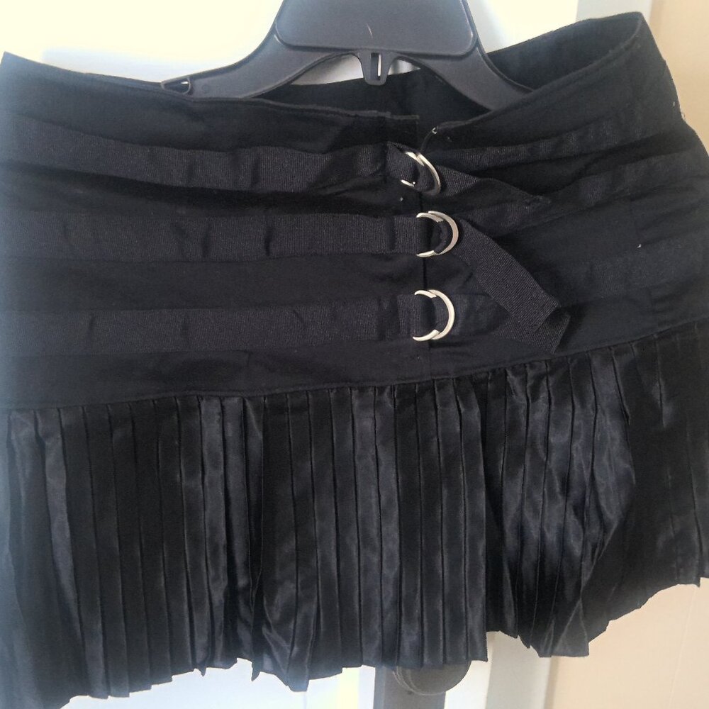 Cute 90's ribbon-detailed black satin kilt-style skirt.